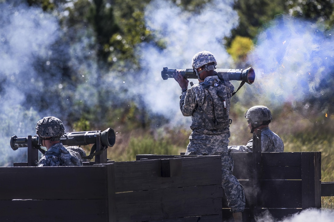 Basic combat training solders fire a live AT-4 at the weapons demonstration range on Fort Jackson, S.C., Sept. 18, 2015. The soldiers are assigned to Company E, Provisional Lightning Battalion. U.S. Army photo by Sgt. 1st Class Brian Hamilton