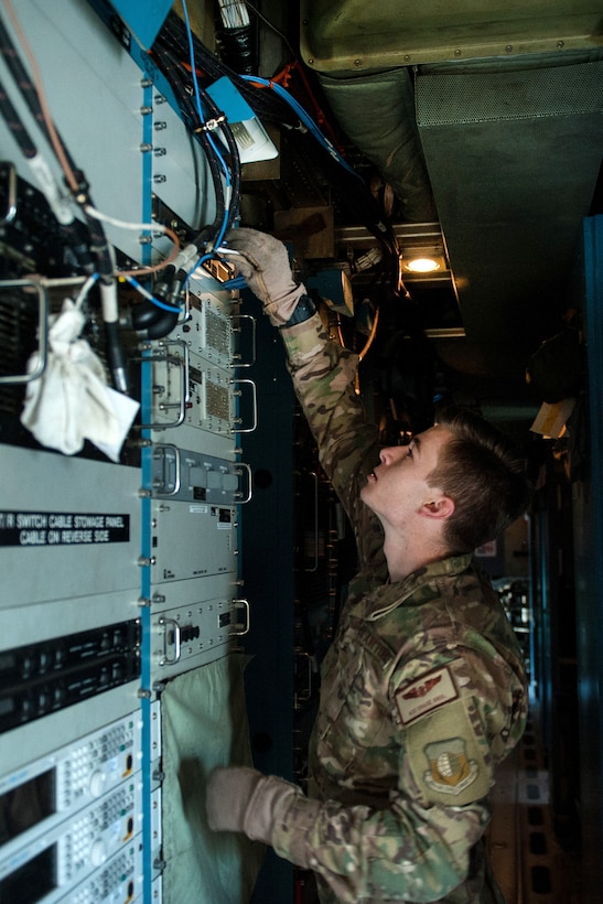 U.S. Air Force Airman 1st Class Chase Krol completes a post-flight inspection on an EC-130H Compass Call aircraft at Bagram Airfield, Afghanistan, Sept. 6, 2015. Krol is an airborne maintenance technician assigned to the 41st Expeditionary Electronic Combat Squadron. U.S. Air Force photo by Tech. Sgt. Joseph Swafford