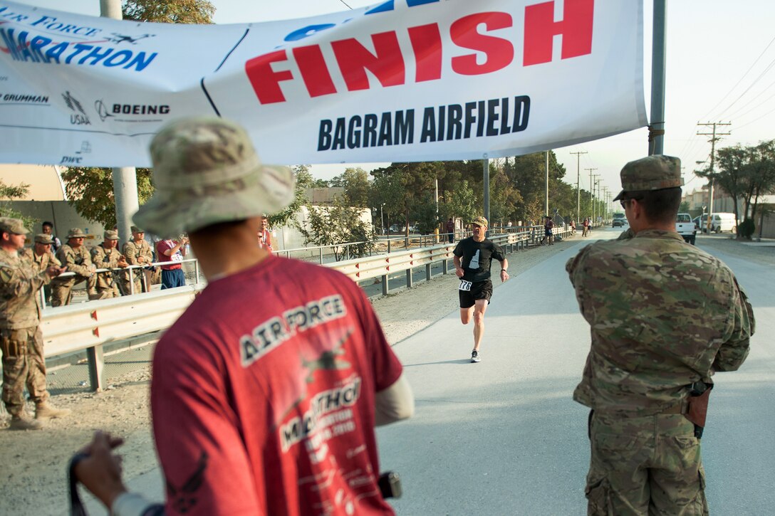 U.S. Air Force Lt. Col. William Poteet completes the Air Force Marathon on Bagram Airfield, Afghanistan, Sept. 19, 2015. Poteet is deputy commander of the 455th Expeditionary Operations Group. U.S. Air Force photo by Tech. Sgt. Joseph Swafford