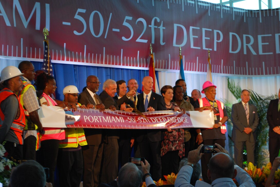 VIPs cut the ribbon to celebrate the Miami Harbor deepening project completion Sept. 18,2015 at PortMiami,Florida.  