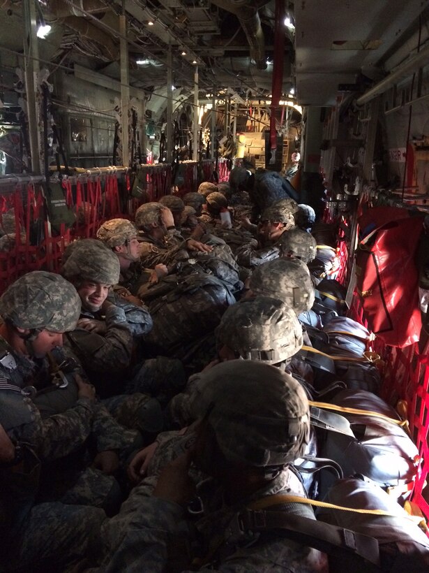Soldiers assigned to the 18th Airborne Corps, Ft. Bragg, N.C., prepare for an airdrop while on board a 440th Airlift Wing aircraft. The 440th Airlift Wing provides airlift, airdrop and aeromedical operations with a fleet of C-130H aircraft in support of Department of Defense requirements (Courtesy Photo). 