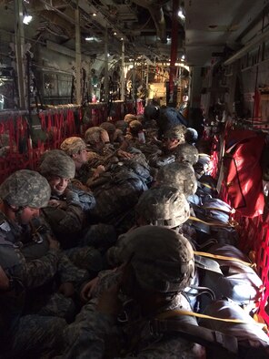 Soldiers assigned to the 18th Airborne Corps, Ft. Bragg, N.C., prepare for an airdrop while on board a 440th Airlift Wing aircraft. The 440th Airlift Wing provides airlift, airdrop and aeromedical operations with a fleet of C-130H aircraft in support of Department of Defense requirements (Courtesy Photo). 