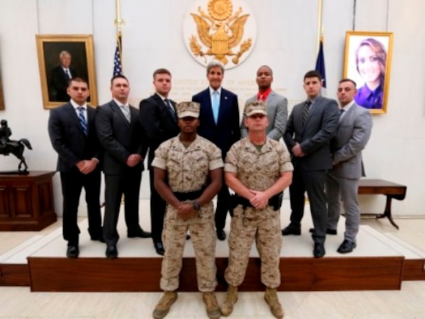 The VIP mission is ongoing in London but the Secretary spent some time with
the Marines today.

GySgt Johnston (the reigning "DetCmdr of the Year" from R3) is again doing a
great job, this time in London. He is in cammies, front right in the picture.
