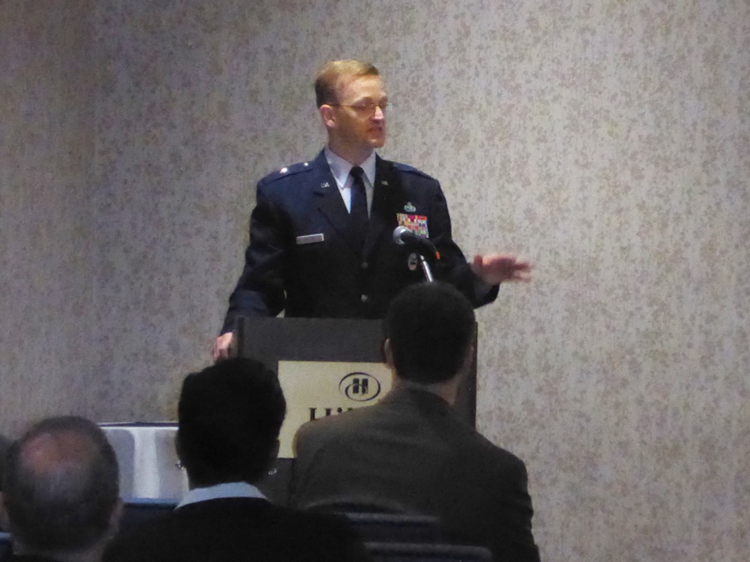 Air Force Brig. Gen. Mark McLeod, Defense Logistics Agency Energy commander, speaks to suppliers during a pre-proposal conference for the Rocky Mountain/West Coast/Offshore 2015 purchase program solicitation at the Hilton Springfield Hotel in Springfield, Virginia, April 29.