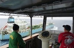 The Military Sealift Command fleet replenishment oiler USNS Rappahannock pulls alongside the U.S. flagged tanker Maersk Peary to participate in a consolidated cargo exercise, the first in more than ten years.