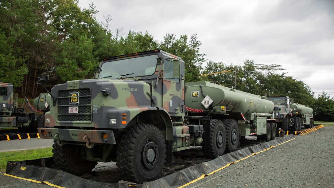 Marine Wing Support Squadron 171, stationed aboard Marine Corps Air Station Iwakuni, Japan, settles in at Camp Aibano, Japan, Sept. 7, 2015, in support of Exercise Forest Light 16-1. MWSS-171’s main purpose during this exercise is to provide aviation fuel support for Marine Heavy Helicopter Squadron 462, who will have two CH-53 Super Stallions coming in for hot fuel in an area far away from any airport or fuel line.