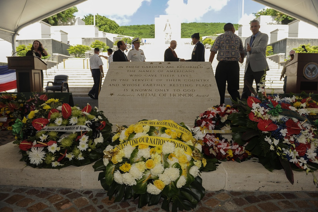Wreaths are laid to pay homage to the prisoners of war and missing-in-action at the National Prisoner of War/Missing in Action Recognition Day ceremony at the National Cemetery of the Pacific in Honolulu, Sept. 18, 2015. U.S. Marine Corps photo by Cpl. John Tran