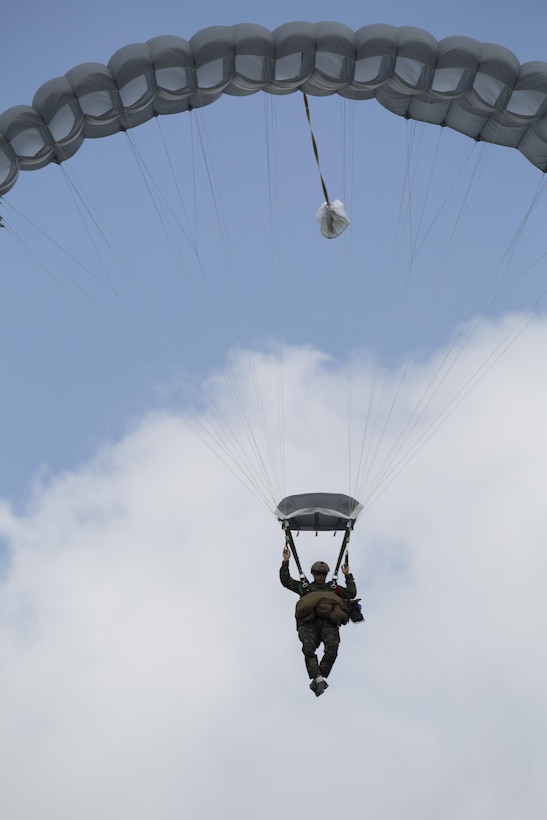 A Marine Raider with U.S. Marine Corps Forces, Special Operations Command, parachutes with a Multi-Purpose Canine aboard Marine Corps Base Camp Lejeune, N.C., Sept. 10, 2015. As MARSOC continues to demonstrate their versatile capabilities, MPC handlers with the command are preparing their canines to maneuver in new areas of operation. 
