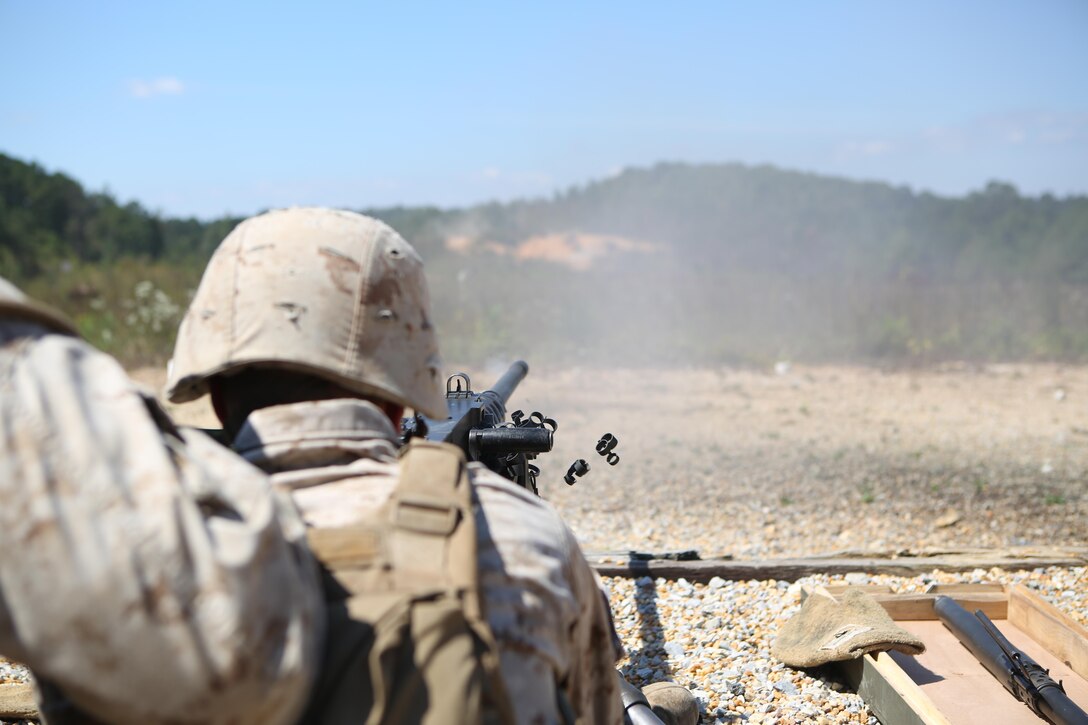 Marines from Battery M, 3rd Battalion, 14th Marine Regiment, 4th Marine Division fire the M250 machine gun at Pelham Range in Anniston, Alabama, on Sept. 19, 2015. The Marines attended training to hone skills and increase their proficiency in crew-served weapons systems including the M249 SAW and M240.  