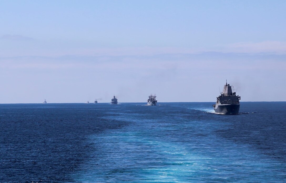 Ships from Expeditionary Strike Group Three, Japanese and Mexican naval ships conducted a strait transit during Exercise Dawn Blitz 2015, Sept. 2, 2015. Dawn Blitz is a multinational amphibious training exercise held off the coast and ashore of Southern California which included ESG-3 and 1st Marine Expeditionary Brigade as well as Japan, Mexico, New Zealand participants and observers from Australia, Colombia and Chile. (U.S. Marine Corps photo by Lance Cpl. April L. Price/Released)