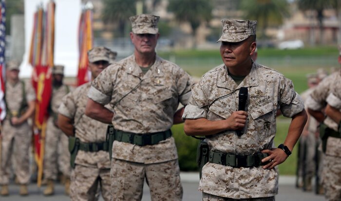 Brigadier Gen. Daniel D. Yoo addresses the crowd during the change of command ceremony in which he relinquished command of 1st Marine Division to Maj. Gen. Daniel J. O’Donohue aboard Marine Corps Base Camp Pendleton, Calif., Sept. 10, 2015. O’Donohue is taking command of the division after recently commanding Marine Corps Forces Cyberspace Command. (U.S. Marine Corps photo by Staff Sgt. Bobbie A. Curtis)