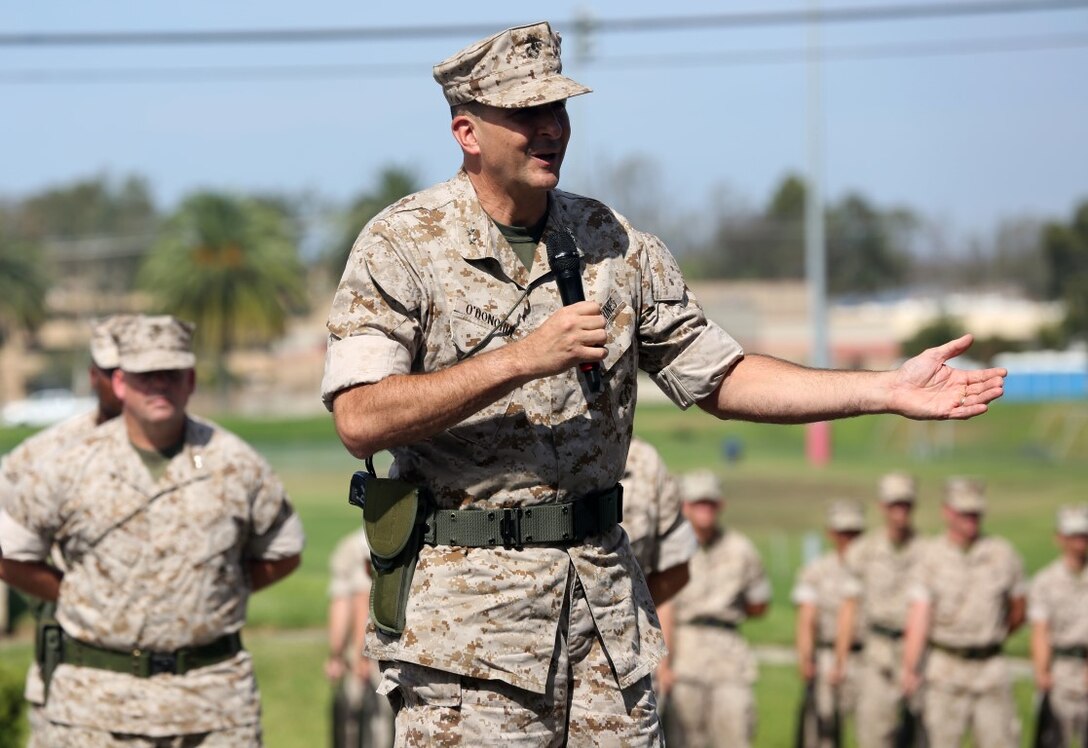 Major Gen. Daniel J. O’Donohue addresses the crowd during the change of command ceremony in which he assumed command of 1st Marine Division from Brig. Gen. Daniel D. Yoo aboard Marine Corps Base Camp Pendleton, Calif., Sept. 10, 2015. O’Donohue is taking command of the division after recently commanding Marine Corps Forces Cyberspace Command. (U.S. Marine Corps photo by Staff Sgt. Bobbie A. Curtis)