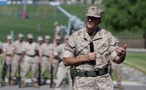 Major Gen. Daniel J. O’ Donohue addresses the crow during the change of command ceremony as the new commanding general of 1st Marine Division aboard Marine Corps Base Camp Pendleton, Calif., Sept. 10, 2015. O’Donohue is taking command of the division after recently commanding Marine Corps Forces Cyberspace Command. (U.S. Marine Corps photo by Staff Sgt. Bobbie A. Curtis)
