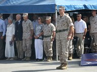 Maj. Gen. Daniel J. O’Donohue stands at attention as the new commanding general of 1st Marine Division during the end of a change of command ceremony aboard Marine Corps Base Camp Pendleton, Calif., Sept. 10, 2015. O’Donohue is taking command of the division after recently commanding Marine Corps Forces Cyberspace Command. (U.S. Marine Corps photo by Staff Sgt. Bobbie A. Curtis)