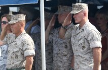 Brigadier Gen. Daniel D. Yoo (left), the outgoing commanding general of the 1st Marine Division and Sgt. Maj. Bradley Kasal, the sergeant major of I Marine Expeditionary Force, salute during the change of command ceremony in which Yoo passed on command of the division to Maj. Gen. Daniel J. O’Donohue aboard Marine Corps Base Camp Pendleton, Calif., Sept. 10, 2015. O’Donohue is taking command of the division after recently commanding Marine Corps Forces Cyberspace Command. (U.S. Marine Corps photo by Staff Sgt. Bobbie A. Curtis)