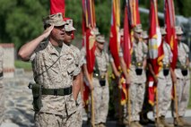 Marines participate in the 1st Marine Division change of command ceremony in which Brig. Gen. Daniel D. Yoo passed on command of the 1st Marine Division to Maj. Gen. Daniel J. O’Donohue at a ceremony aboard Marine Corps Base Camp Pendleton, Calif., Sept. 10, 2015. O’Donohue is taking command of the division after recently commanding Marine Corps Forces Cyberspace Command. (U.S. Marine Corps photo by Staff Sgt. Bobbie A. Curtis)