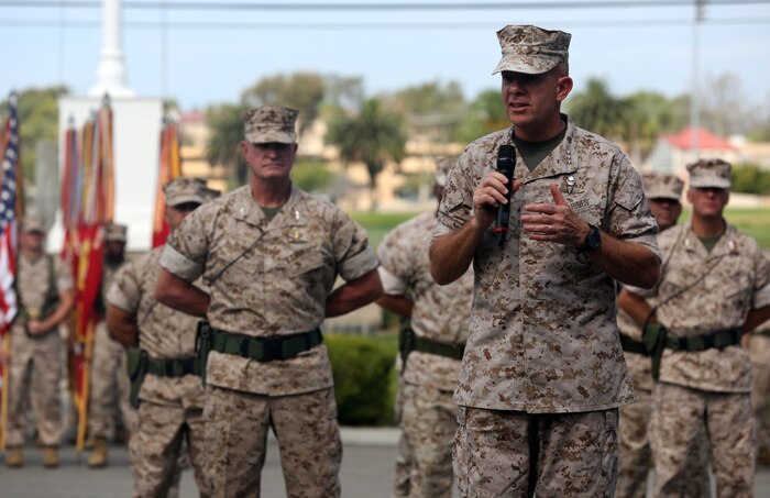 Lieutenant Gen. David H. Berger, commanding general of I Marine Expeditionary Force, addresses the crowd during the change of command ceremony in which Brig. Gen. Daniel D. Yoo passed command of the 1st Marine Division to Maj. Gen. Daniel J. O’Donohue aboard Marine Corps Base Camp Pendleton, Calif., Sept. 10, 2015. O’Donohue is taking command of the division after recently commanding Marine Corps Forces Cyberspace Command. (U.S. Marine Corps photo by Staff Sgt. Bobbie A. Curtis)