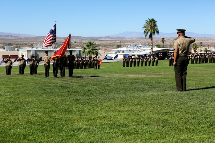 Lieutenant Colonel Brian S. Middleton, commanding officer of 3rd Battalion, 4th Marines, 7th Marine Regiment, 1st Marine Division, salutes the colors during the unit’s reactivation ceremony aboard Marine Air Ground Combat Center Twentynine Palms, Calif., Sept. 17, 2015. The Marine Corps’ reactivation of the “Thundering Third” officially starts Oct. 1, 2015, which marks exactly 90 years of dedicated service within the Corps.