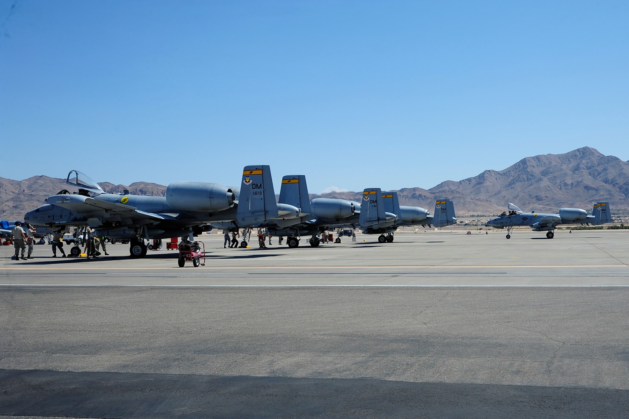 An A-10 Thunderbolt II taxis to its parking spot after landing at Nellis Air Force Base, Nev., Sept. 10, 2015. Eight A-10s from the 357th Fighter Squadron at Davis-Monthan AFB, Ariz., arrived at Nellis to participate in Green Flag-West 15-10 with seven other units. (U.S. Air Force photo by Senior Airman Betty R. Chevalier/Released)