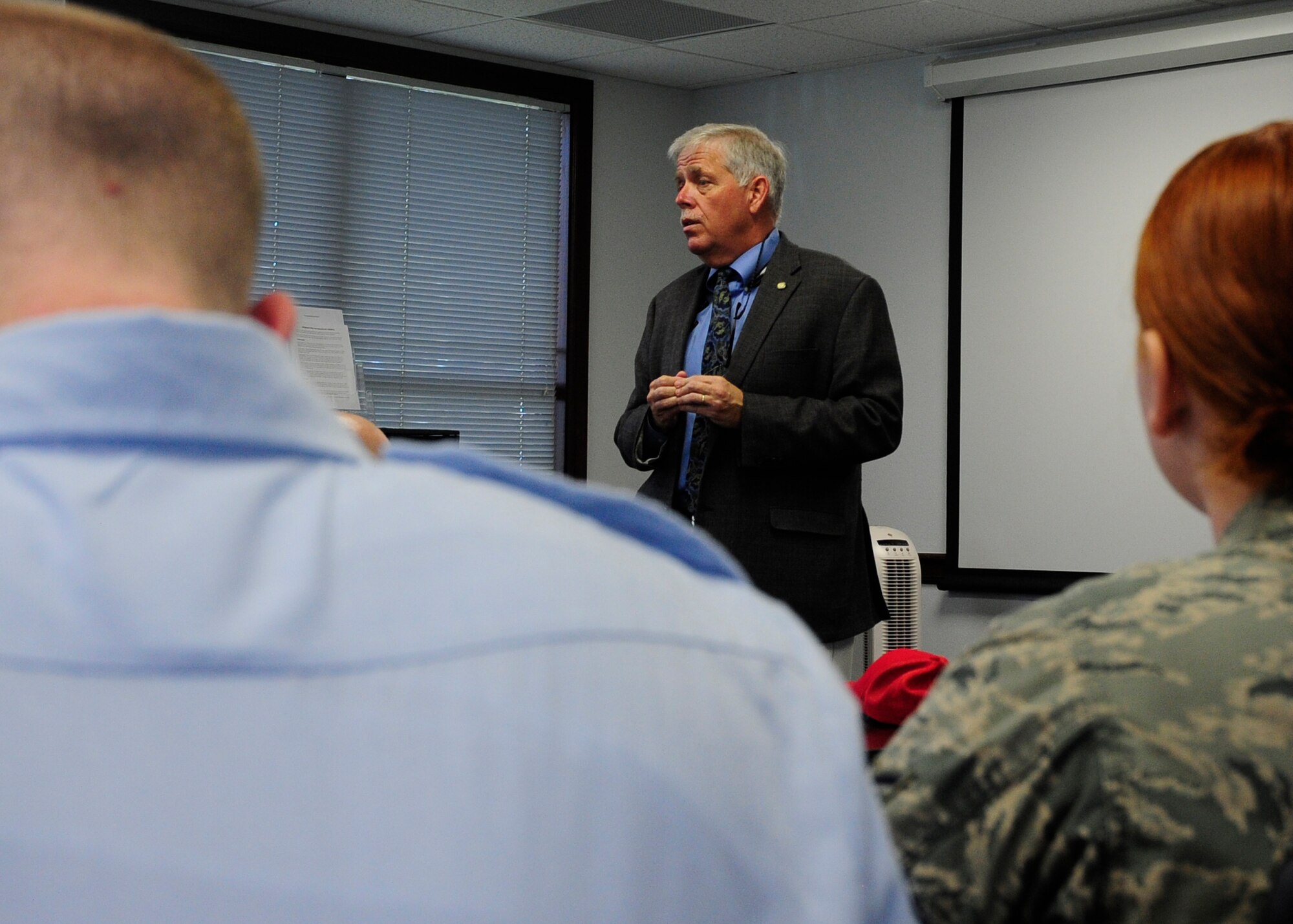 William V. Husfelt III, Bay County superintendent of schools, meets with Airmen at Sept. 9 at the Airmen and Family Readiness Center to speak about potential mentoring opportunities. The Bay District School Mentorship Program has been ongoing for more than five years, giving Airmen the opportunity to volunteer their time to classrooms in the Bay County area. (U.S. photo by Airman 1st Class Solomon Cook/Released)