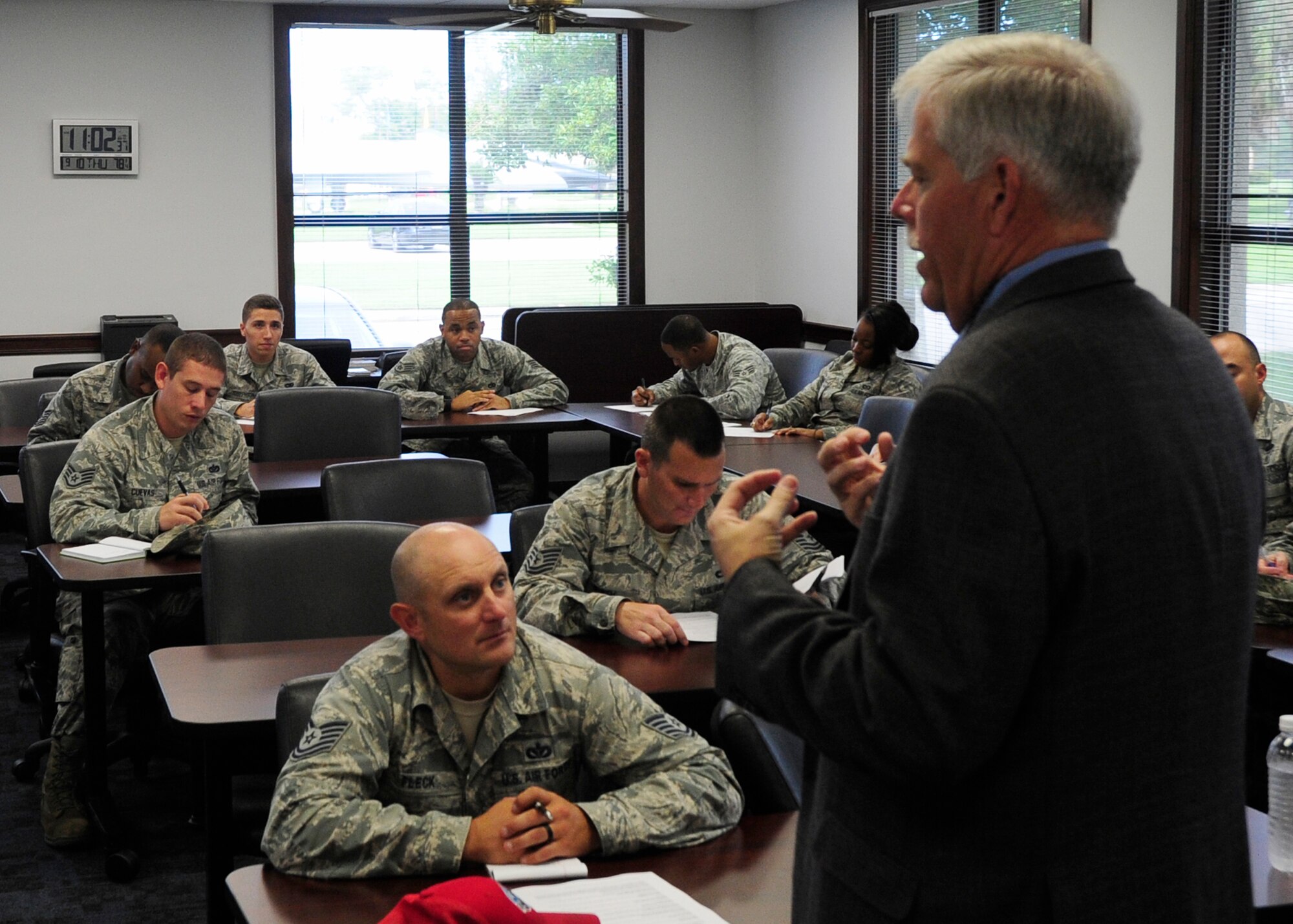 William V. Husfelt III, Bay County superintendent of schools, meets with Airmen at Sept. 9 at the Airmen and Family Readiness Center to speak about potential mentoring opportunities. The Bay District School Mentorship Program has been ongoing for more than five years, giving Airmen the opportunity to volunteer their time to classrooms in the Bay County area. (U.S. photo by Airman 1st Class Solomon Cook/Released)