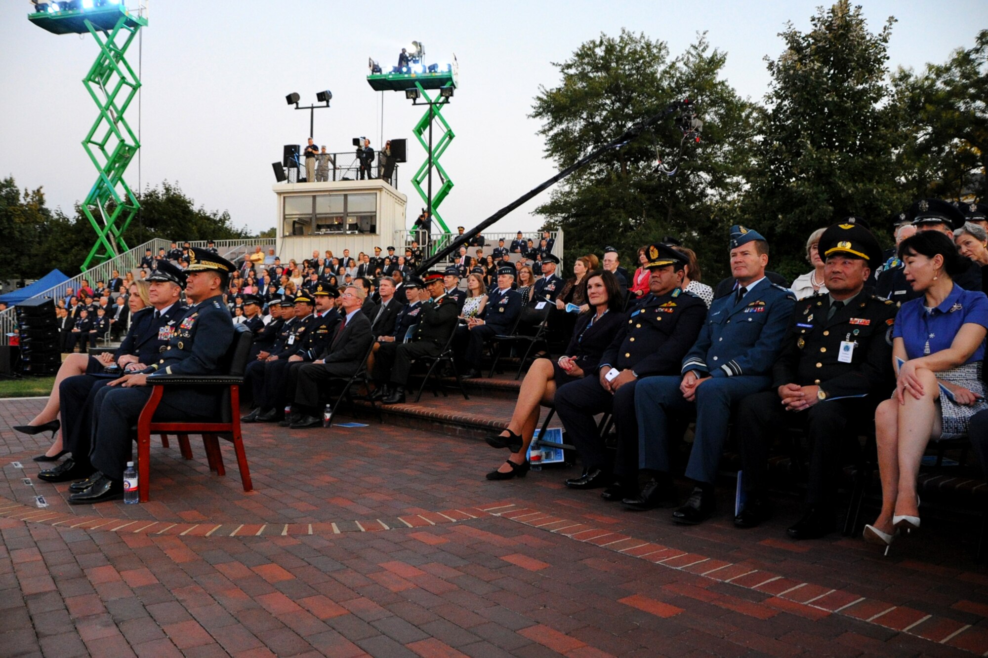 Secretary of the Air Force Deborah Lee James, Air Force Chief of Staff, Gen. Mark A. Welsh III, and leaders of Air Forces from the Pacific region observe the United States Air Force Tattoo Sept. 17, 2015. The Air Force District of Washington commemorated the United States Air Force's 68th birthday with a celebration of music, drill and ceremony, aircraft, and fireworks on the Air Force Ceremonial Lawn at Joint Base Anacostia-Bolling. The event featured flyovers of several aircraft including the Air Force Thunderbirds and a Warbird vintage aircraft squadron, as well as performances by the Air Force Band and Honor Guard. (U.S. Air Force photo/Staff Sgt. Matt Davis)