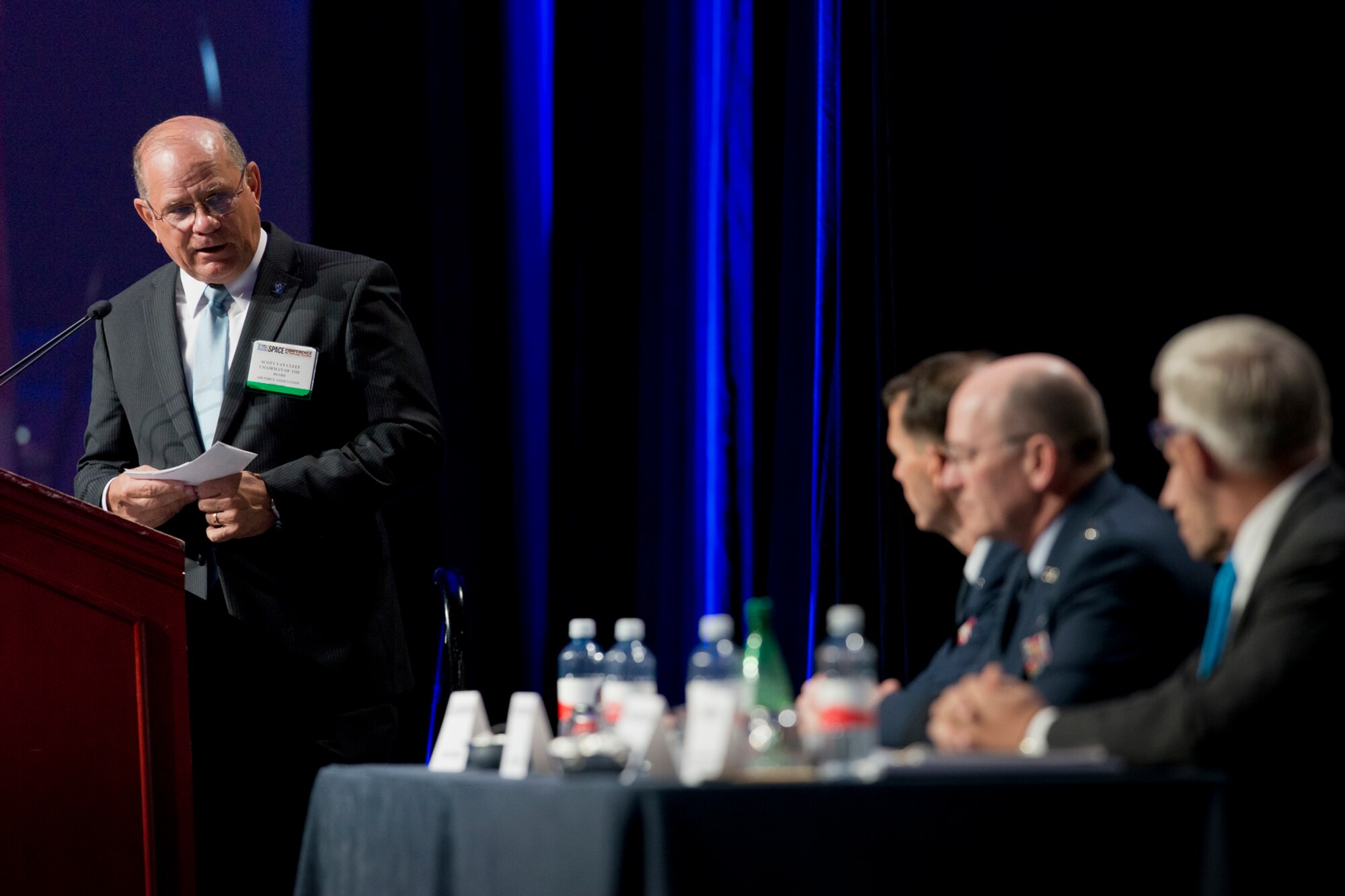 Scott Van Cleef, chairman of the board of the Air Force Association asks Lt. Gen. Stanley E. Clarke III, the director of the Air National Guard a question during the Total Force panel at the AFA's Air and Space Conference and Technology Exposition in National Harbor, Md., Sept. 16, 2015. The other members of the panel were Lt. Gen James Jackson, commander of the Air Force Reserve Command and chief of Air Force Reserves, Lt. Gen James Holmes, deputy chief of staff for Strategic Plans and Requirements and Daniel Sitterly, principal deputy Assistant Secretary of the Air Force for Manpower and Reserve Affairs. (U.S. Air National Guard photo/Master Sgt. Marvin R. Preston/Released)