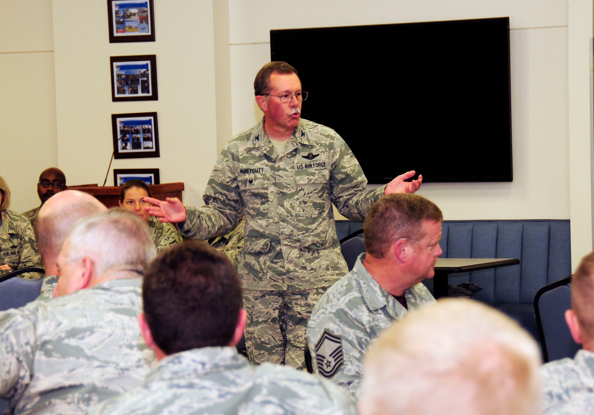 U.S. Air Force Col. Quincy Huneycutt, III, North Carolina Air National Guard vice commander, addresses Airmen from the 145th Airlift Wing during a ceremony recognizing the 68th birthday of the United States Air Force. The celebration was held at the North Carolina Air National Guard Base, Charlotte Douglas International Airport, Sept. 18, 2015. President Harry S. Truman signed the National Security Act, separating the Air Force from the Army on Sept. 18, 1947. (U.S. Air National Guard photo by Master Sgt. Patricia F. Moran, 145th Public Affairs/Released)