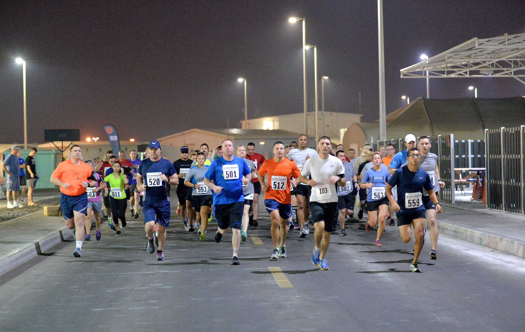 Runners begin the Air Force 10K at an undisclosed location in Southwest Asia Sept. 19, 2015. The run was held in light of the Air Force’s 68th birthday. (U.S. Air Force photo/Tech. Sgt. Jeff Andrejcik)