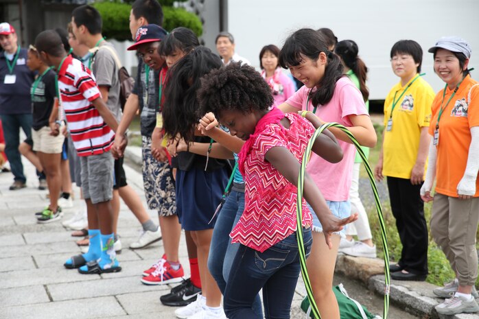 Students from Matthew C. Perry High School aboard Marine Corps Air Station Iwakuni, Japan and Yanai City High School preform an icebreaker exercise as their first activity on their field trip to the Monk Gessho Exhibition Hall August 22, 2015. Events like these help foster the relationship between the United States and Japan by introducing the next generation in a positive environment where they can learn about one another’s culture.