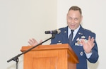 Air Force Maj. Douglas Saab, Defense Logistics Agency Energy Middle East Supplier Operations commander, speaks during his retirement ceremony at Naval Support Activity Bahrain Aug. 7. Saab retired after 24 years in the United States Air Force.