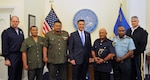 Chief military officials of the Kingdom of Tonga — Nevada’s nation partner under the National Guard Bureau’s State Partnership Program — and senior officials from Papua New Guinea and Nauru visited Nevada this week. From left to right: Nevada Adjutant General, Brig. Gen. Bill Burks; Warrant Officer Class One (WO1) Taulaki Falesiva; Brigadier Tupou T. Aleamotu’a; Nevada Gov. Brian Sandoval; Nauru Deputy Police Commissioner Antonius Amwano; Papua New Guinea Esekia Litur Wenzel; Nevada Army Guard Command Sgt. Maj. Jared Kopacki.