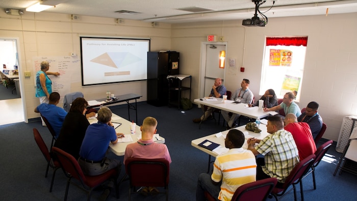 Marines, sailors and civilian workers with 2nd Marine Logistics Group attended a week-long Applied Suicide Intervention Skills Training course, aboard Marine Corps Base Camp Lejeune, N.C., Sept. 14-18, 2015.  ASIST is a five-day workshop where candidates learn how to appropriately interact with someone who is having suicidal thoughts and also become instructors on how to teach the class to other service members in their units.  (U.S. Marine Corps Photo by Cpl. Michael Dye/released) 