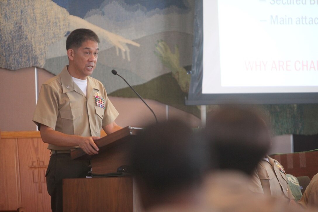 Captain Guy Lee, the I Marine Expeditionary Force chaplain introduces a panel of subject matter experts that were present during the second battle for Fallujah, Iraq. Navy Chaplains and Religious Program Specialists gathered Sept. 18 aboard Camp Pendleton, Calif., to discuss the roles of religious personnel during times of heavy combat; specifically revisiting the events of the second battle of Fallujah during Operation Phantom Fury.