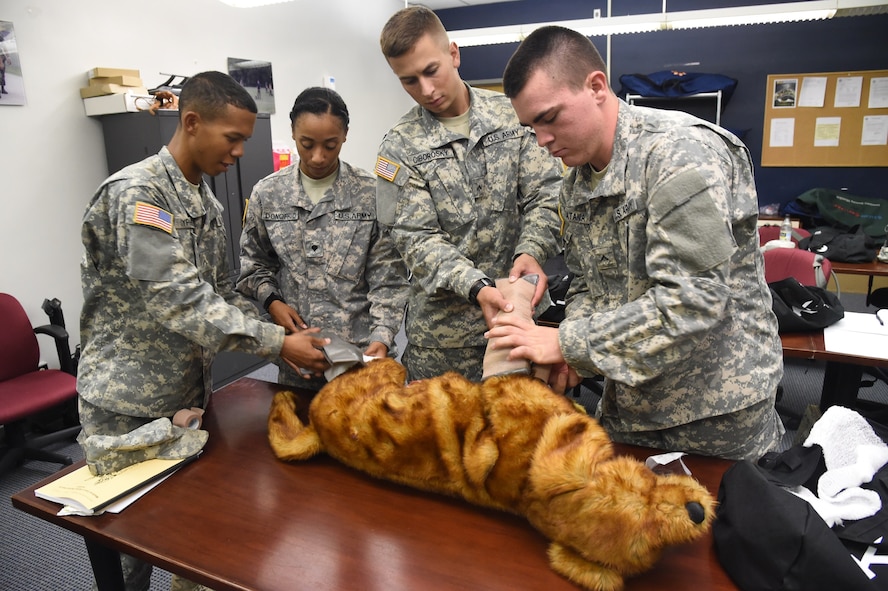 Students from the Military Working Dog Handlers Course treat simulated military working dog injuries at Joint Base San Antonio-Lackland, Texas, Sept. 10, 2015. The innovative design of the MWD simulator is helping the 341st Training Squadron provide a realistic training course for MWD handlers and better prepare them to save the life of their canines if needed. (U.S. Air Force photo by Staff Sgt. Chelsea Browning)