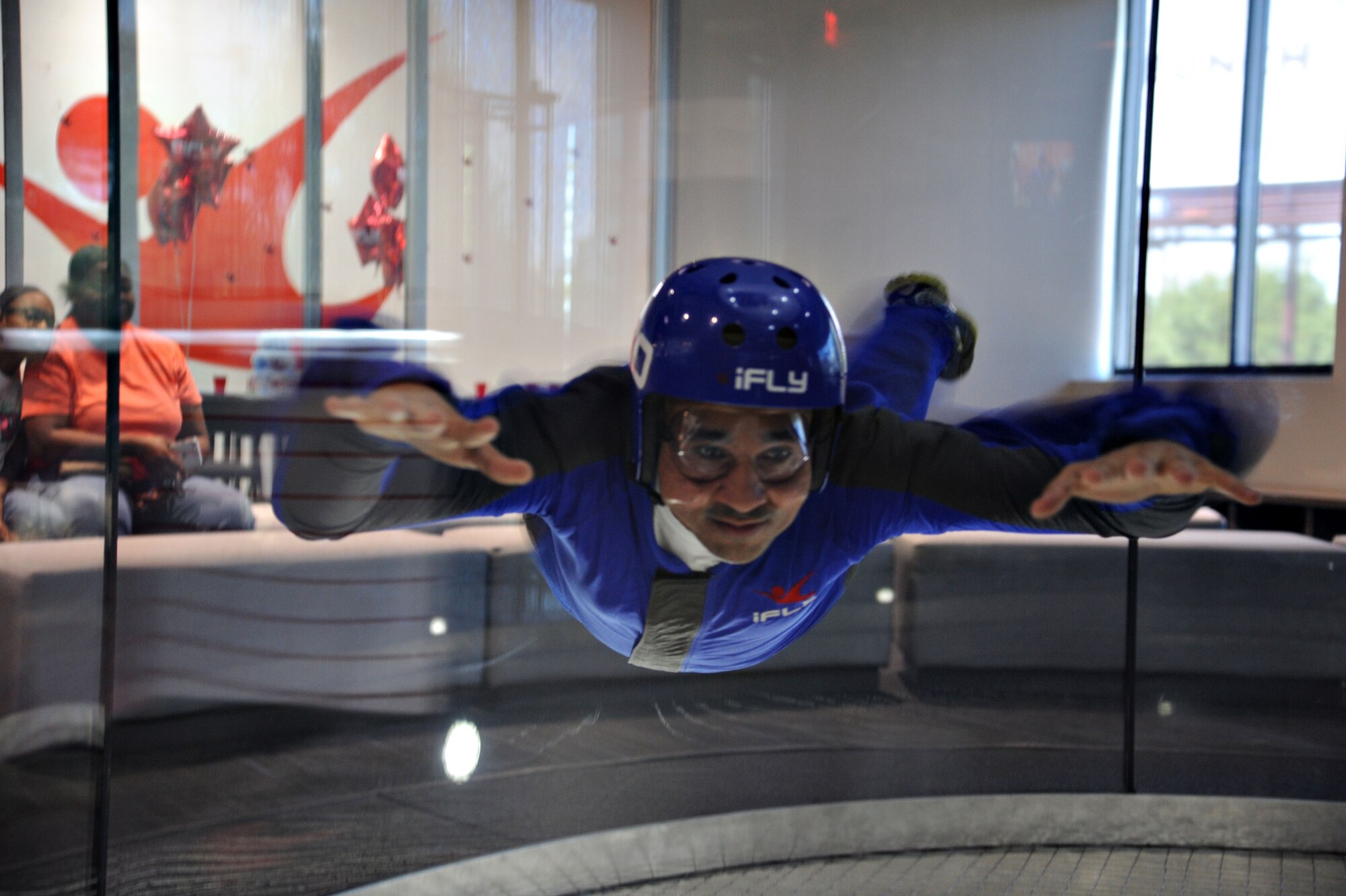 U.S. Air Force 2nd Lt. Daniel Sierra, 315th Training Squadron student, focuses on his simulated skydiving training at Austin, Texas, Sept. 19. The 17th Support Squadron at Goodfellow Air Force Base helps members on base have opportunities to experience fun events. (U.S. Air Force photo by Airman Caelynn Ferguson/Released)