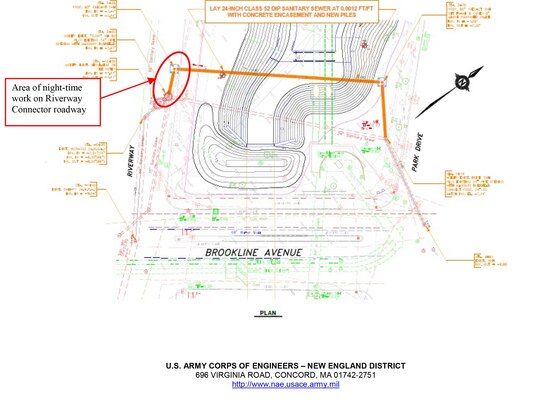 Map of Area of night-time work on Riverway Connector roadway