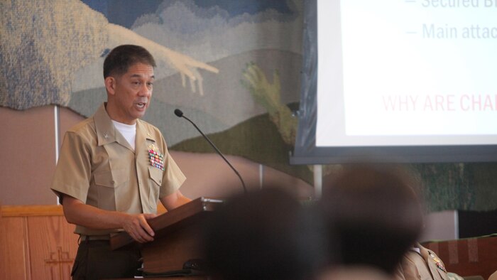 Captain Guy Lee, the I Marine Expeditionary Force chaplain introduces a panel of subject matter experts that were present during the second battle for Fallujah, Iraq. Navy Chaplains and Religious Program Specialists gathered Sept. 18, 2015 at Marine Corps Base Camp Pendleton, Calif., to discuss the roles of religious personnel during times of heavy combat; specifically revisiting the events of the second battle of Fallujah during Operation Phantom Fury.