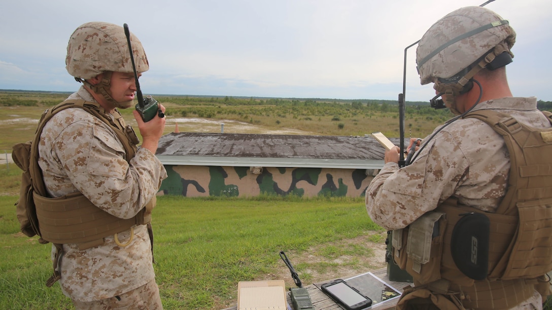 Marines with 1st Battalion, 8th Marine Regiment and 1st Battalion, 10th Marine Regiment, along with air support, work together to suppress simulated enemies during fire support training conducted on Camp Lejeune, N.C., Sept. 17, 2015. “It’s not just a Marine and his rifle, a platoon or company, it really brings in all the assets that the Marine Corps offers to benefit the guys on the ground and clear the path for them,” said Cpl. Eric Nelson, a Marine with 1/8 scout sniper platoon acting as a joint fire observer. 