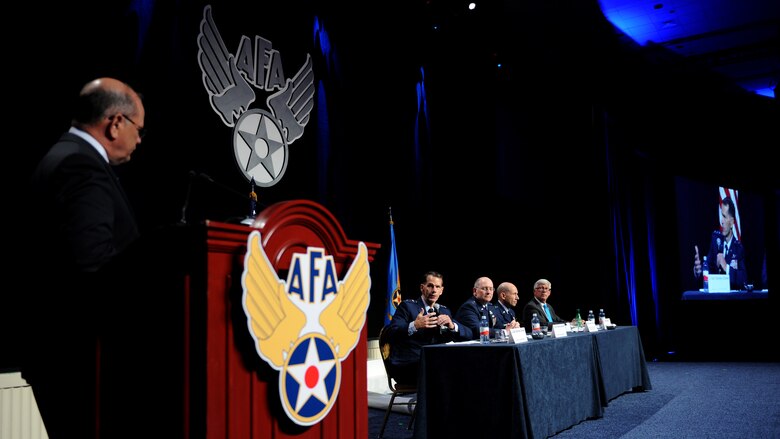 Scott Van Cleef, the chairman of the board for the Air Force Association, relays questions from the crowd to senior leaders from the active-duty, Guard and Reserve components about the total force, during the AFA’s Air and Space Conference and Technology Exposition in Washington, D.C., Sept. 15. The conference and exposition brings together Air Force leadership, industry experts, academia and current aerospace specialists from around the world to discuss the issues and challenges facing America and the aerospace community today. (Air Force photo/Tech. Sgt. Dan DeCook)