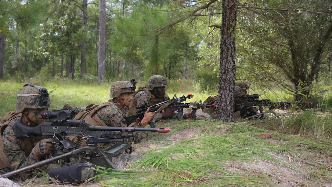 Marines with 2nd Battalion, 2nd Marine Regiment, watch for role-players portraying enemy forces during a battalion deployment for training exercise aboard Camp Lejeune, N.C., Sept. 16, 2015. The Marines fortified their positions with entrenchments, razor concertina wire, automatic weapons and various simulated explosive charges during the defensive portion of the nine-day exercise.