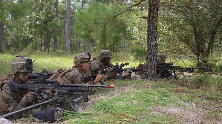 Marines with 2nd Battalion, 2nd Marine Regiment, watch for role-players portraying enemy forces during a battalion deployment for training exercise aboard Camp Lejeune, N.C., Sept. 16, 2015. The Marines fortified their positions with entrenchments, razor concertina wire, automatic weapons and various simulated explosive charges during the defensive portion of the nine-day exercise.