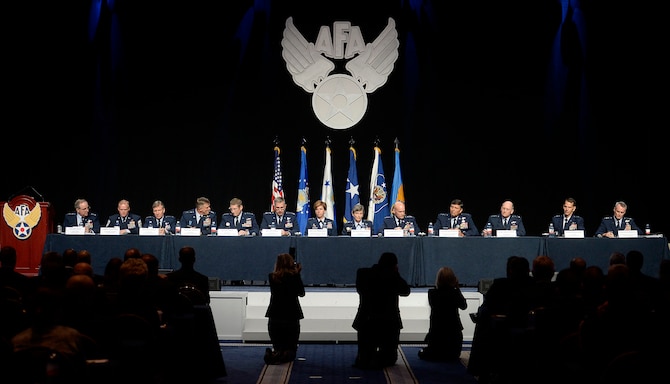 Air Force Chief of Staff Gen. Mark A. Welsh III and Chief Master Sgt. of the Air Force James A. Cody introduce major command panelists during a Q-and-A session at the Air Force Association's Air and Space Conference and Technology Exposition Sept. 16, 2015, in Washington, D.C. (U.S. Air Force photo/Scott M. Ash)  