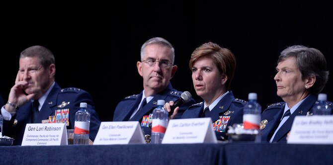 Gen. Lori Robinson, the commander of Pacific Air Force Command, answers questions with fellow major command panelists during a Q-and-A session at the Air Force Association's Air and Space Conference and Technology Exposition Sept. 16, 2015, in Washington, D.C. (U.S. Air Force photo/Scott M. Ash)  