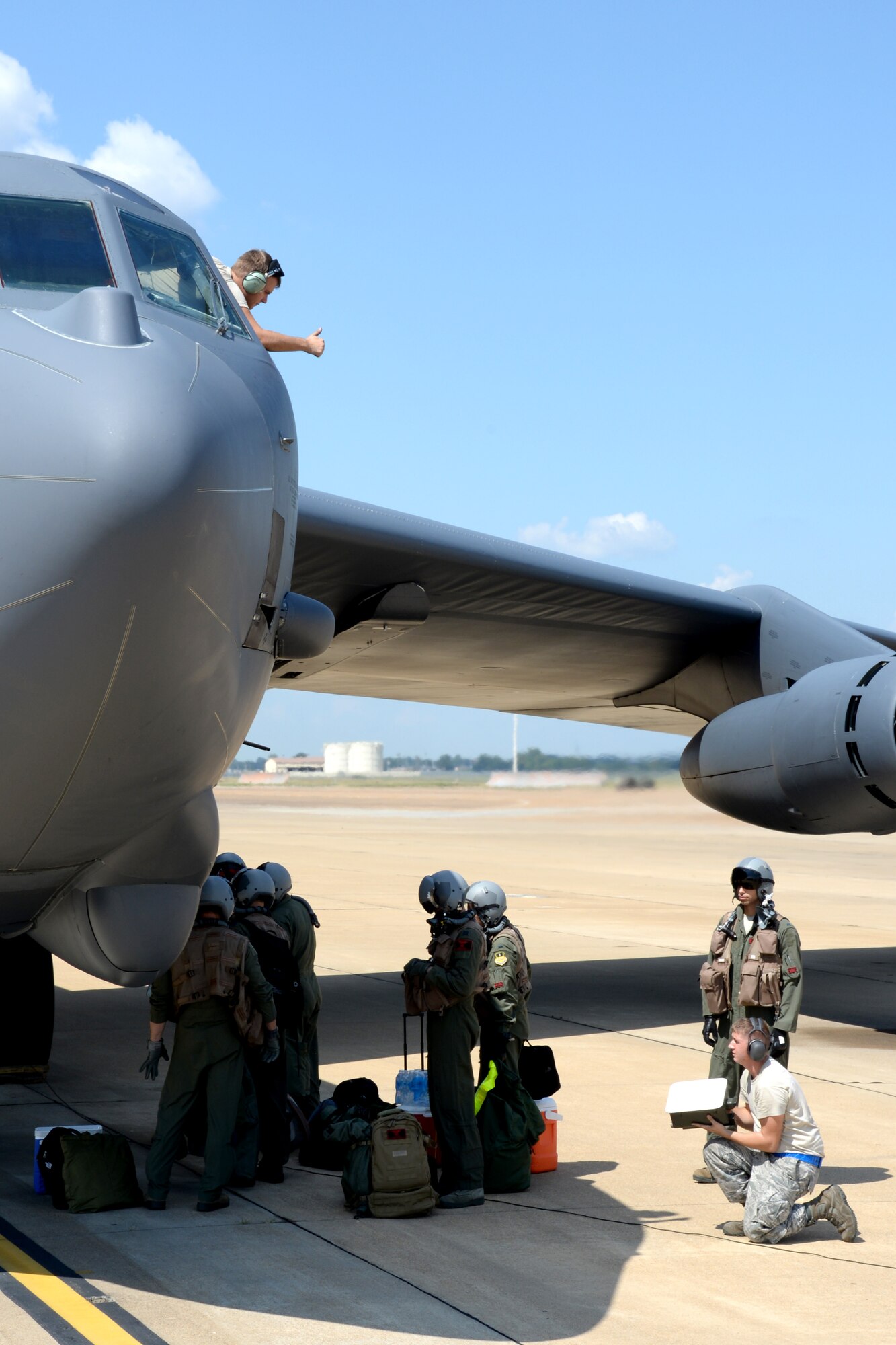 A B-52 Stratofortress aircrew assigned to Air Force Global Strike Command conducts a pre-flight safety check before participating in Immediate Response 2015 at Barksdale Air Force Base, La., Sept 17. The exercise was designed to enhance regional stability, strengthen partner capacity and improve interoperability between partner nations, to guarantee they are trained and ready to combine forces ensuring unified security across allied nations. (U.S Air Force photo/Senior Airman Amanda Morris)