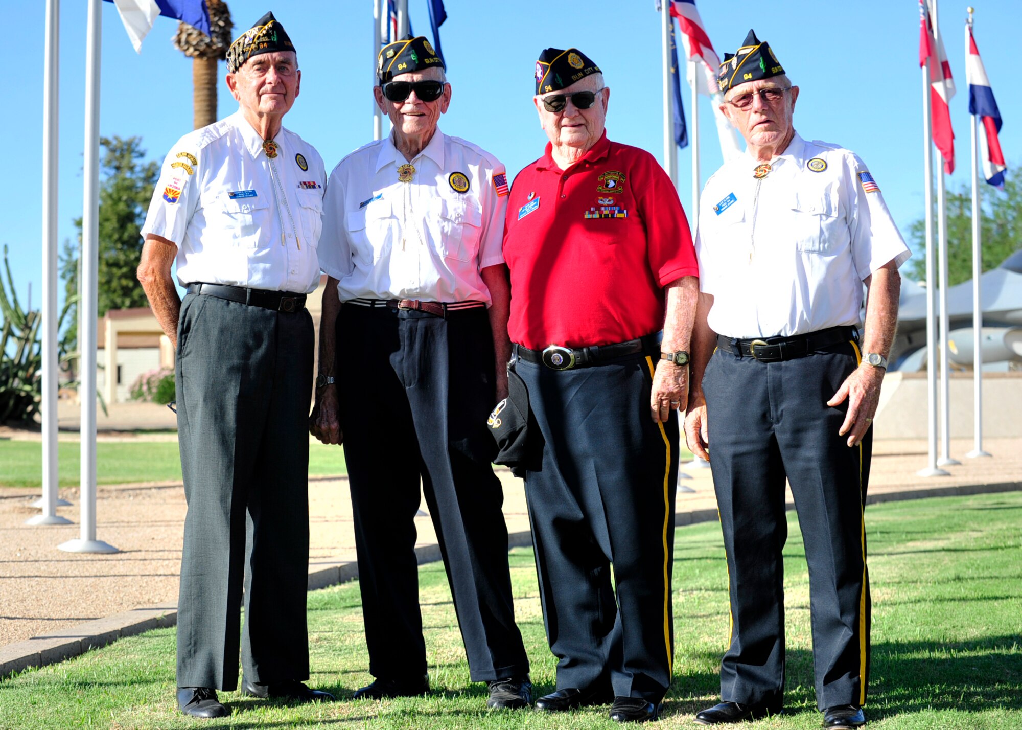 Members of the American Legion Post 94 in Sun City West, Ariz. are shown during the POW/MIA Recognition Day Retreat ceremony Sept. 18, 2015 near the wing headquarters building at Luke Air Force Base, Ariz. Many veterans attended the event including ret. Air Force Chief Master Sgt. Harold Bergbower, World War II prisoner of war. (U.S. Air Force photo by Senior Airman Grace Lee)