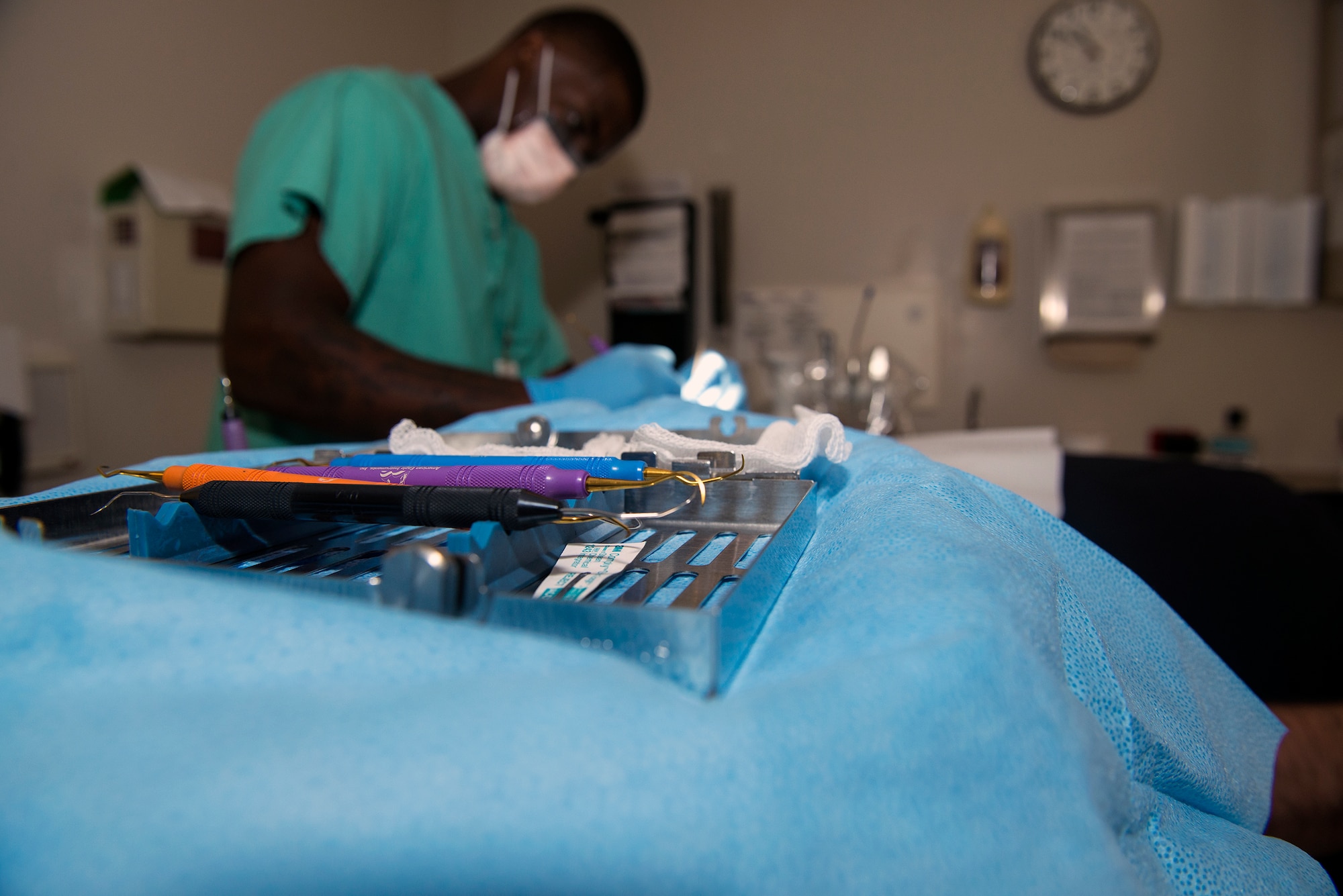 Dental scalers rest on display as U.S. Air Force Senior Airman Nakeithian Phillips, 23d Aerospace Medicine Squadron dental assistant, performs a routine cleaning Sept. 21, 2015, at Moody Air Force Base, Ga. The AMDS performed over 400 routine dental cleanings in August. (U.S. Air Force photo by Airman 1st Class Greg Nash/Released) 