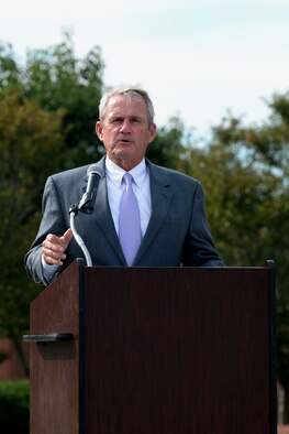 Retired U.S. Army Gen. Dan K. McNeill speaks during the Prisoners of War/Missing in Action ceremony, Sept. 17, 2015, at Seymour Johnson Air Force Base, North Carolina. McNeill served in assignments as an Assistant Division Commander, Division Commander, Corps Chief of Staff, Deputy Corps Commander and Corps Commander as a general officer. (U.S. Air Force photo/Airman 1st Class Ashley Williamson)