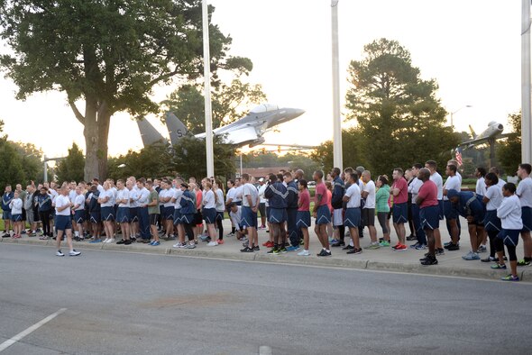 Airmen rally for a 5K run to kick off Prisoners of War/Missing in Action Remembrance Week, Sept. 14, 2015, at Seymour Johnson Air Force Base, North Carolina.  Each year, Seymour Johnson AFB dedicates a week of events to recognize our nation’s POW/MIAs. (U.S. Air Force photo/Airman 1st Class Ashley Williamson)