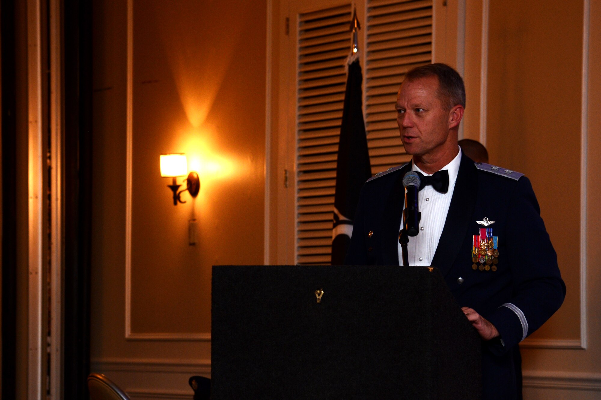 U.S. Air Force Maj. Gen. Mark Kelly, Ninth Air Force commander, delivers remarks during the Shaw Air Force Ball at Shaw Air Force Base, S.C., Sept. 18, 2015. Kelly, the guest speaker, spoke about the rich heritage the Air Force has and the future of the force. (U.S. Air Force photo by Senior Airman Jonathan Bass/Released)